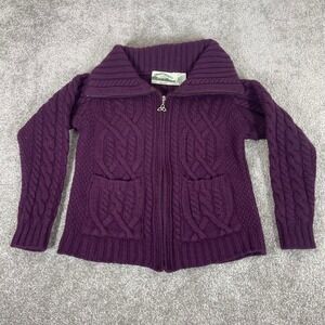 Aran Crafts Sweater Womens Small Merino Wool Cable Knit Full Zip Ireland Purple